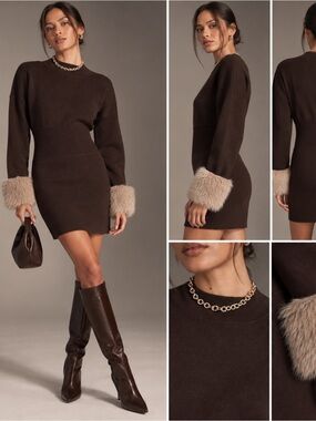Anthropologie Dark Brown Long-Sleeve Knit Dress with Faux-Fur Cuffs